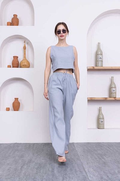 MOSRANİC Women's Gray 100% Linen Shorts Pants Blouse 3 Piece Set Msc244