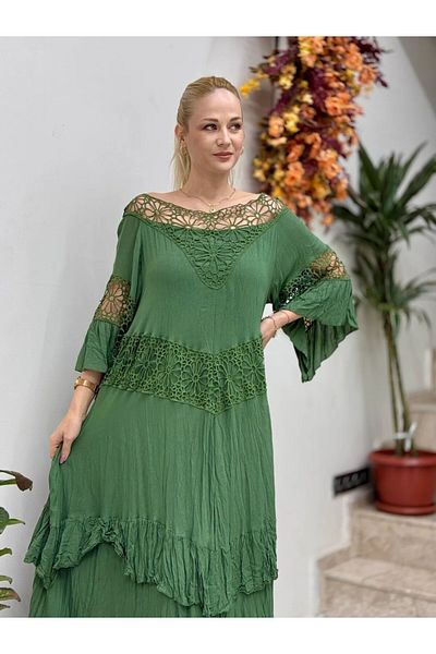 Punta Otantik Vl12008 Collar Detail Voile Dress Khaki