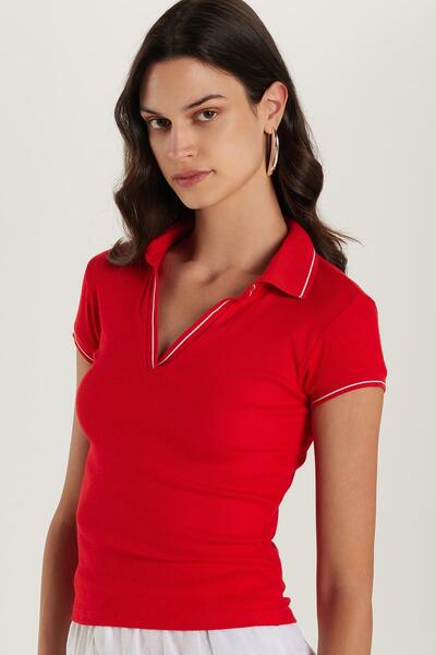 Tudors Women's Modal Fabric Slim Fit Close-Fitting Short Sleeve V-Neck Red Blouse