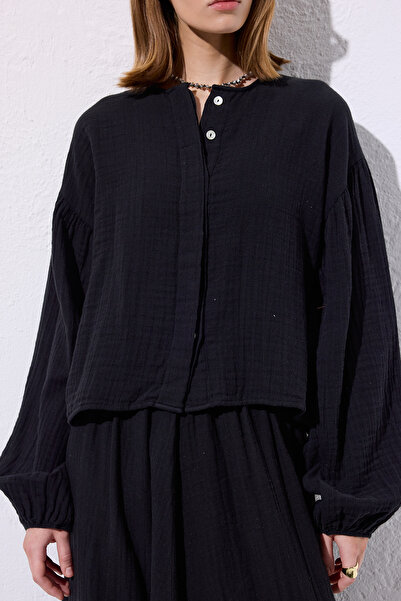 Manuka Muslin Balloon Sleeve Short Bluz Black