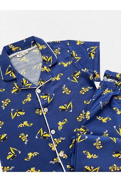 seamlife Boys' 100% Cotton Business Machine Patterned Navy Blue Shirt Collar Short Sleeve Seasonal Pajama Set