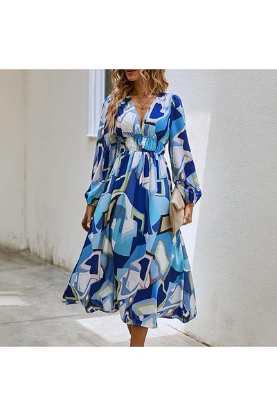 OEM Rochie lunga de vara, vaporoasa, florala, roz, cu maneci lungi si anchior adanc in V XL INTL