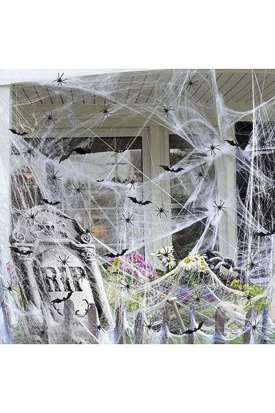 ARANEE Spider web set with 30 spiders and 24 bat stickers ARANEE, artificial cotton, white