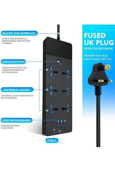 Saharaz TB-T12 Power Strips Extension Cord ,Plug Adapter,6 Sockets ,4 USB Ports 2M Extension Cord (Black)