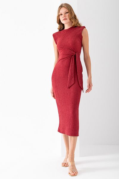 GİYSA Women's Lacing Detailed Padded Textured Dress Burgundy - Ms0000577