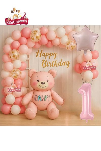 BKMC PARTY Pink Age Teddy Bear Foil Balloon Birthday Party Set Decoration for Girls