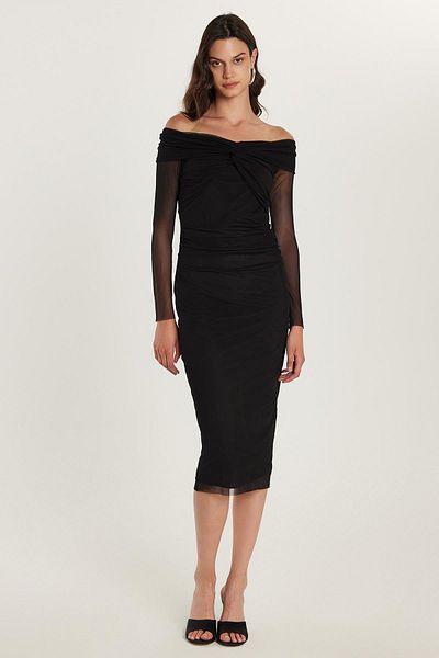 Tudors Rochie neagră de damă, slim fit, cu mânecă lungă, fără bretele, cu detaliu din tul