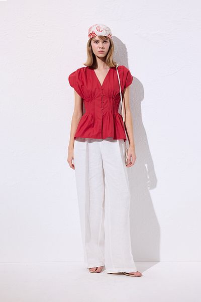 Manuka Beli Pile Detail Sleeveless Bluz Red