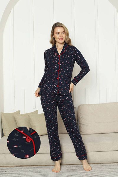 ALİMER Women's Pajama Set with Front Buttons - Navy Rose Pattern Long Sleeve Lycra Rink Viscose 2862Uy