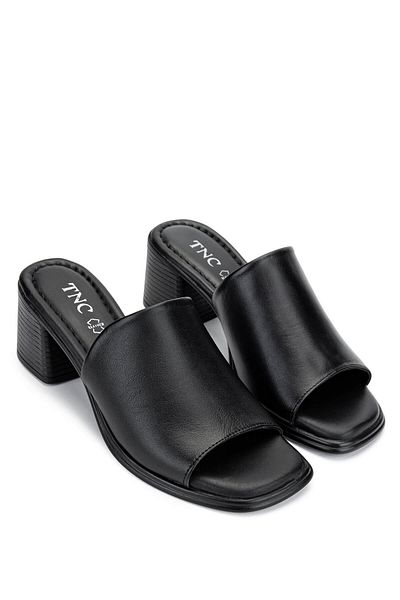 Tamer Tanca Women's Genuine Leather Black Leather Heeled Slippers