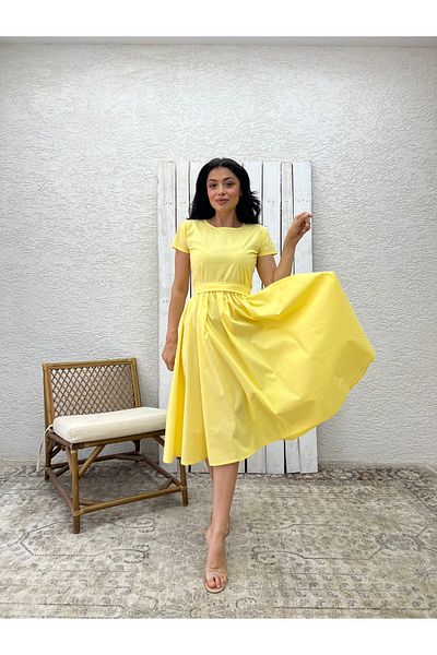 KÜÇÜĞÜM BUTİK Crew Neck Lemon Yellow Poplin Flared Gathered Dress