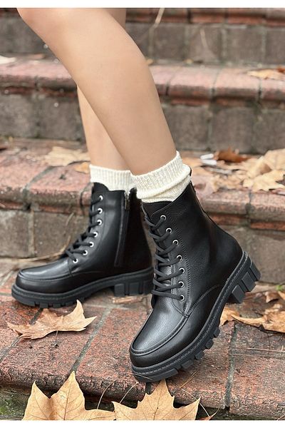 CONAHOME Yuran Black Leather Lace up Boots