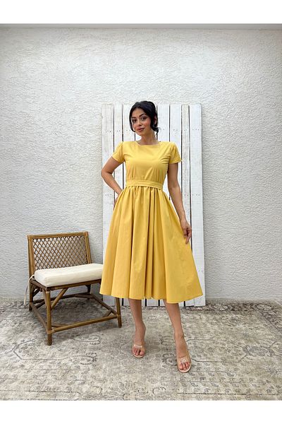 KÜÇÜĞÜM BUTİK Crew Neck Mustard Poplin Flared Smocked Dress