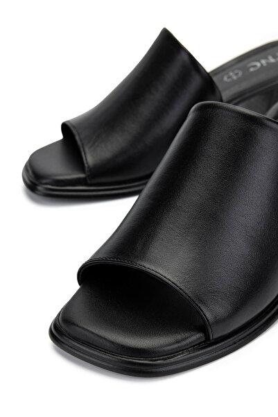 Tamer Tanca Women's Genuine Leather Black Leather Heeled Slippers