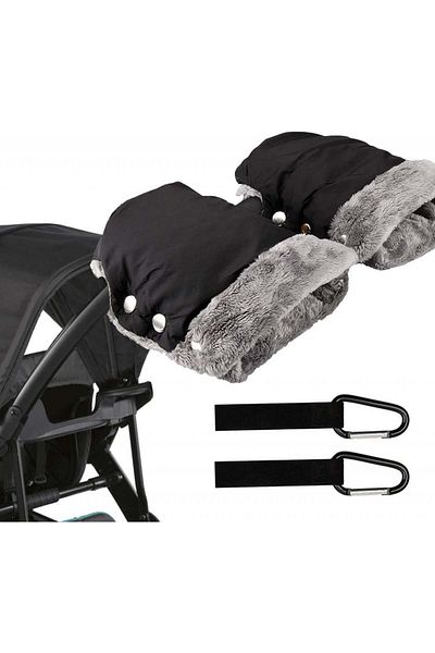 Bhgwr Set of 2 Bhgwr stroller gloves, black/grey, oxford fabric/fur, 20 x 17 cm