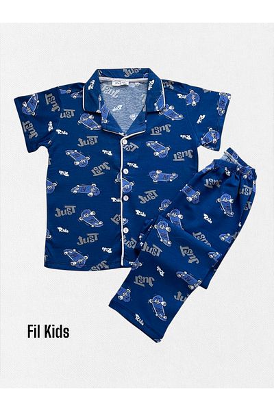 seamlife Set de pijamale sezoniere pentru băieți, 100% bumbac, cu model de skateboard, cămașă albastră, cu nasturi, cu mânecă scurtă