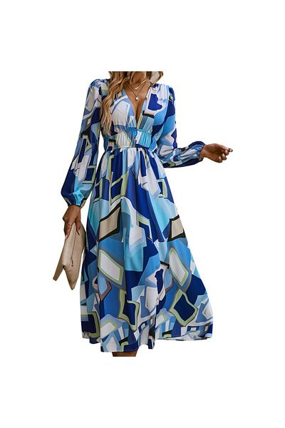 OEM Rochie lunga de vara, vaporoasa, florala, roz, cu maneci lungi si anchior adanc in V XL INTL