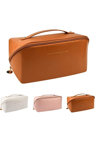 O Ozone حقيبة مستحضرات تجميل للسفر بسعة كبيرة، حقائب أدوات الزينة من جلد البولي يوريثان مع فاصل ومقبض - بني