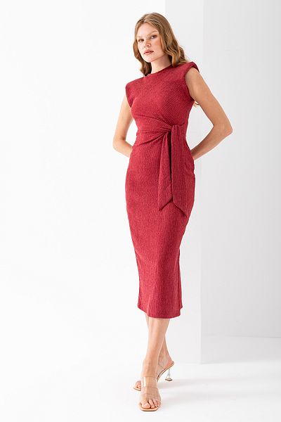 GİYSA Women's Lacing Detailed Padded Textured Dress Burgundy - Ms0000577