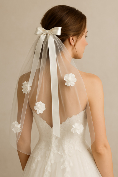 BlueBlossom Kurdeleli Çiçek İşlemeli Gelin Duvağı | El Yapımı Kısa Tül Duvak | Zarif Düğün Saç Aksesuarı