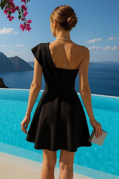 Modafeminen Εύκαμπτο υφασμάτινο ρούχο με λεπτομέρεια ώμου Μίνι βραδινό φόρεμα 582093 ΜΑΥΡΟ