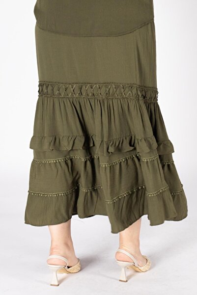 Bedrinxxl Büyük Beden Haki Volan Detaylı Salaş Uzun Etek Rahat Tesettür Şık G...