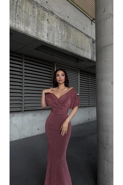 Modafeminen Stretch Fabric Fish Cut Belted Evening Dress and Graduation Dress Gulkurusu 583271