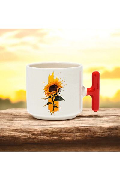BB TRADE Red T-Handed Ceramic Printed Mug with Flowers Design 250 ml