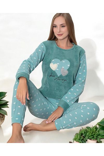 Pajama Shop Women's Well Soft Fleece Set Green Heart Pattern Crew Neck Long Sleeve Winter Pajama Set
