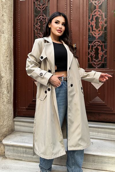 moda armanc Γυναικεία μακριά καμπαρντίνα με διπλό γιακά με δεμένη μέση - Μπεζ 9358