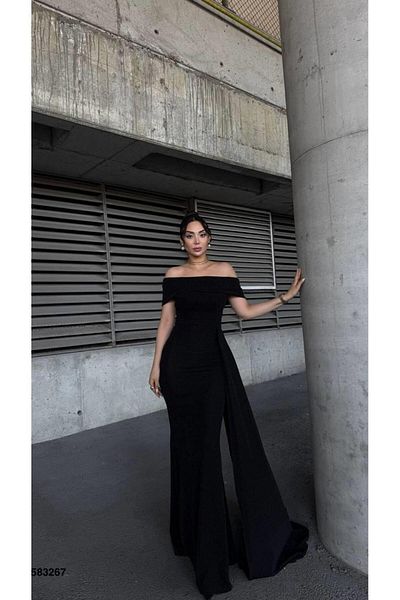Modafeminen Off the Shoulder Long Evening Dress Flowres Fabric Black 583267
