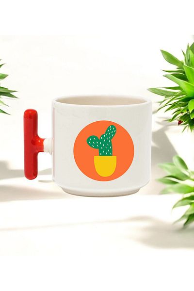 BB TRADE Cactus in a Pot Designed Red t Handled Ceramic Printed Mug Cup 250 ml