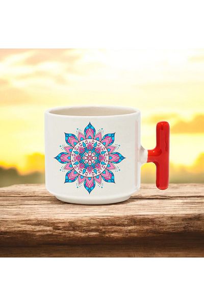 BB TRADE Red T-Handle Ceramic Printed Mug with Striped Color Design 250 ml