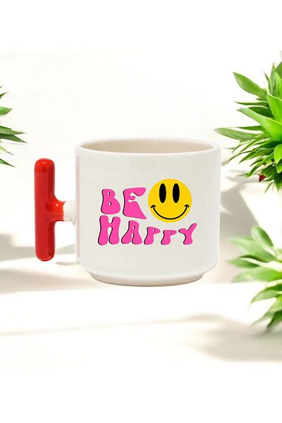 BB TRADE Be Happy Designed Red t Handle Ceramic Printed Mug 250 ml