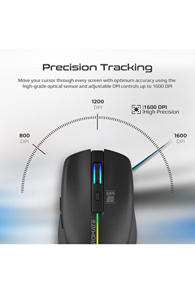 Promate Kitt Wireless Ergonomic Rechargeable RGB Mouse - 1600 DPI, 500mAh, 2.4GHz, Black