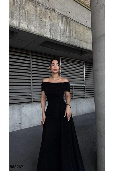 Modafeminen Off the Shoulder Long Evening Dress Flowres Fabric Black 583267