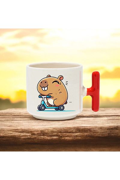 BB TRADE Kapibara Scooter Designed Red T-Handle Ceramic Printed Mug 250 ml