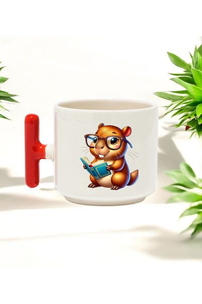 BB TRADE Student Capybara Designed Red T-Handle Ceramic Printed Mug 250 ml