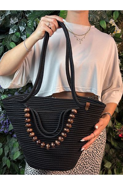 MaVaux Fiona Stylish Straw Shoulder Bag with Natural Wooden Bead Detail