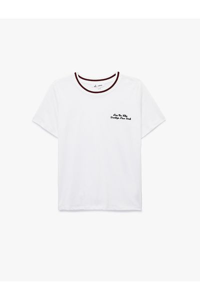 Koton Short Sleeve Lapel Detail Crew Neck Cotton Embroidered T-Shirt
