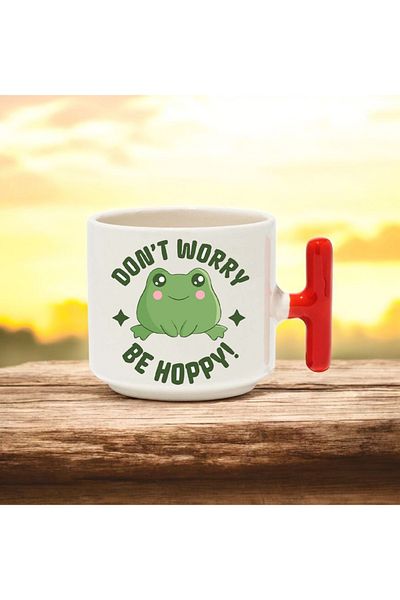 BB TRADE Don'T Worry Be Happy Designed Red T-Handle Ceramic Printed Mug 250 ml