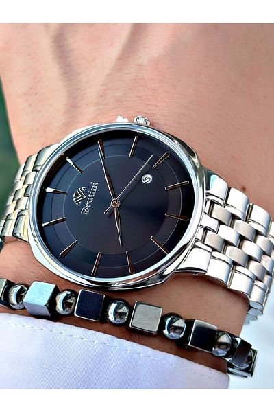 Bentini Men's Wrist Watch with Calendar – Steel Band, Waterproof, 2-Year Warranty, Gift Bracelet