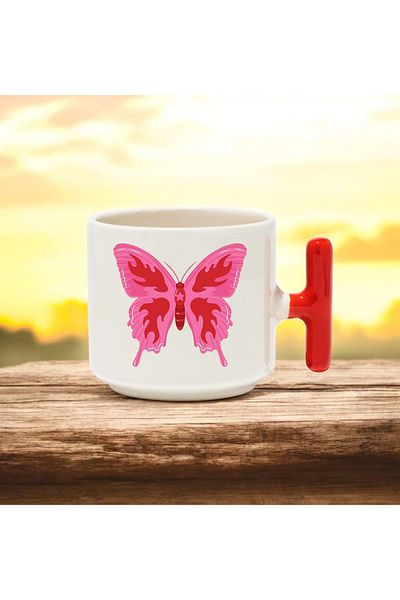BB TRADE Colorful Butterfly Design Red T-Handle Ceramic Printed Mug 250 ml