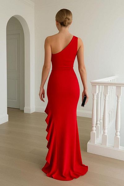 Modafeminen One Shoulder Knot Detail Slit Long Scuba Fabric Evening Dress Red 582135