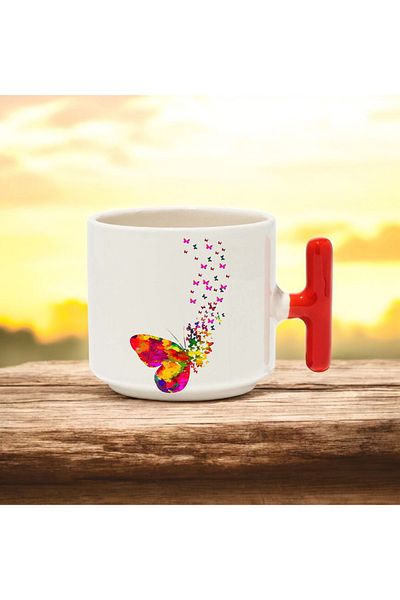 BB TRADE Colorful Butterfly Design Red T-Handle Ceramic Printed Mug 250 ml