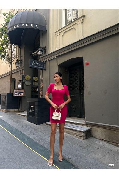 Modafeminen Μίνι κρεπ φόρεμα Heart Neck Vaktakı 582982 Φούξια