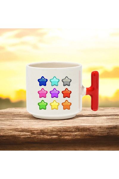 BB TRADE Red T-Handled Ceramic Printed Mug with Colorful Stars Design 250 ml