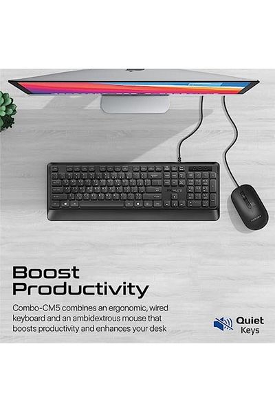 Promate Promate Ultra-Slim Wired Keyboard with 2400 DPI Mouse, Silicone Grip, English/Arabic Buttons, Palm R