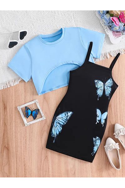 İBRE Girl's Butterfly Detail Blue Top Crop Black Bottom Dress