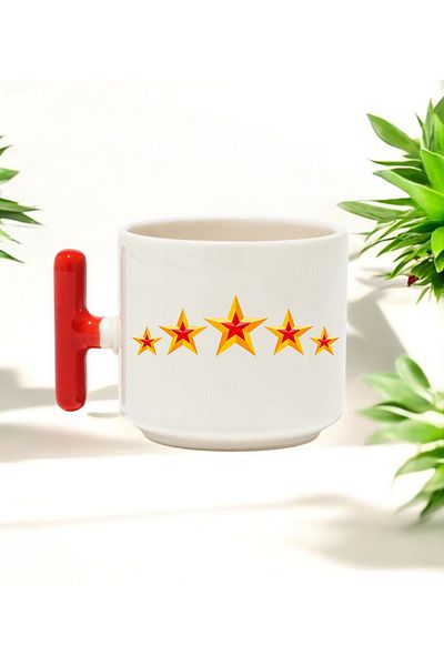 BB TRADE Red T-Handled Ceramic Printed Mug with Yellow Stars Design 250 ml